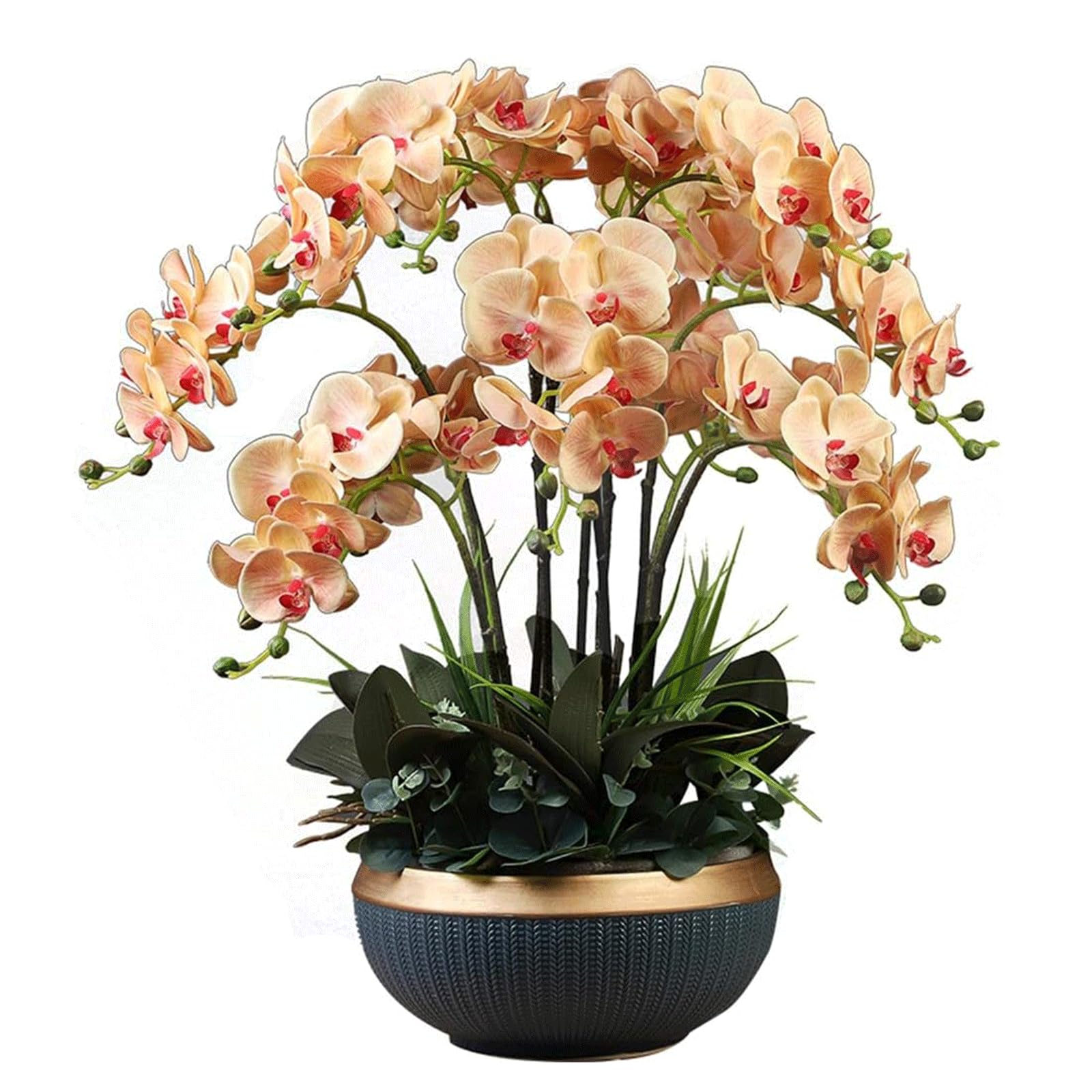 DFGHNBVC Artificial Orchid Large Faux Orchids With Ceramics Vase Artificial Flower 12 Branches Artificial Phalaenopsis Flowers 60Cm Artificial Orchid Very Natural.Orange