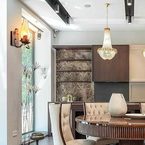 Miniatura 6 de Aplique de pared estilo campestre bronce aceitado con vidrio ámbar lámpara de pared vintage E26E27 base para casa de campo dormitorio sala