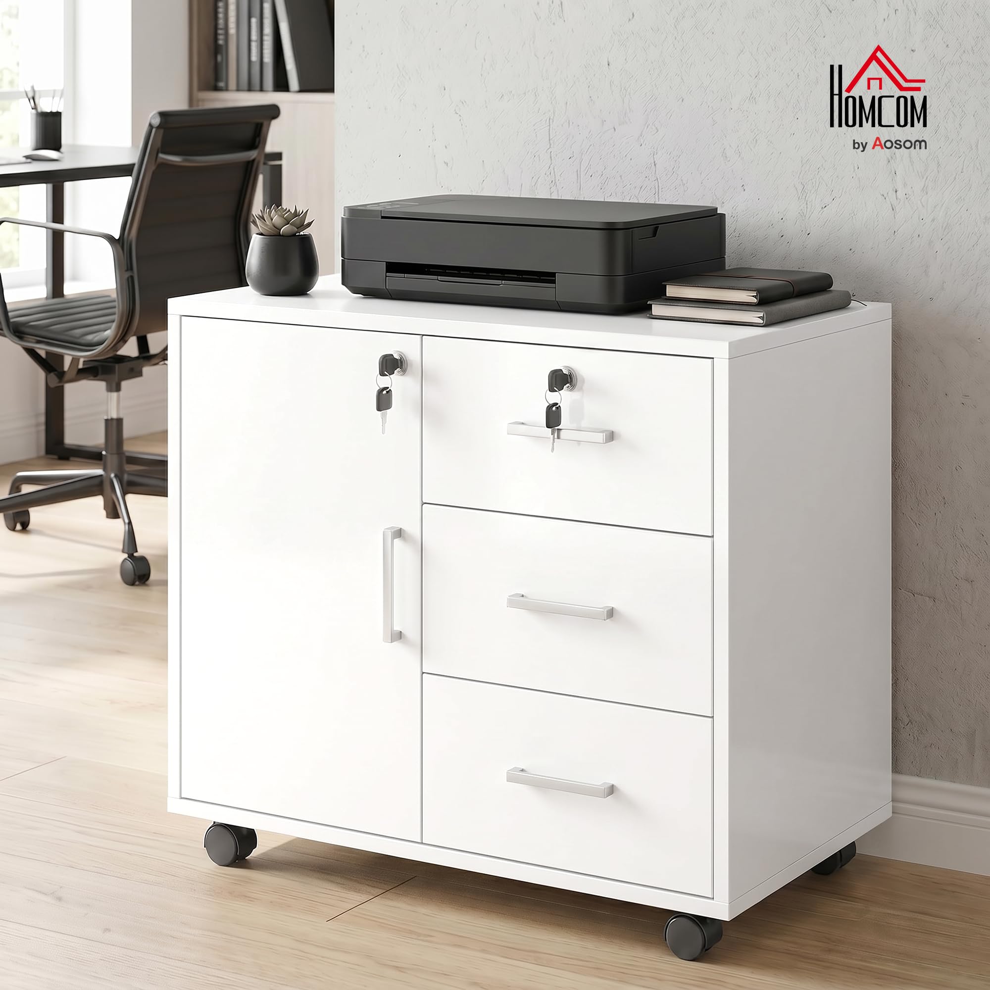 HOMCOM Schedario per Ufficio con 3 Cassetti e Armadietto con 3 Ripiani Regolabili, Cassettiera Portadocumenti in Truciolato, 60x40x56 cm, Bianco