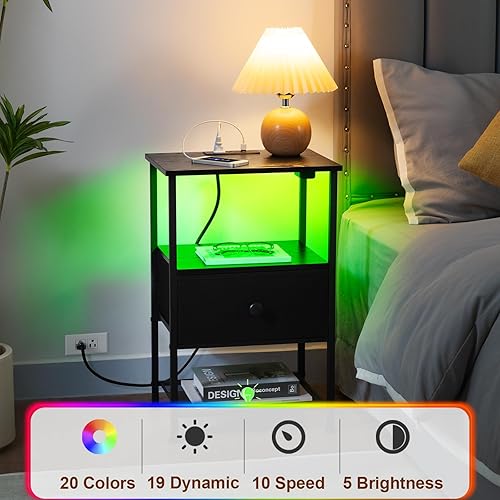 Miniatura 5 de LOAKEKEL Juego de 2 mesitas de noche con estación de carga, mesitas de noche LED con cajón de tela, mesas auxiliares modernas para sala de estar con