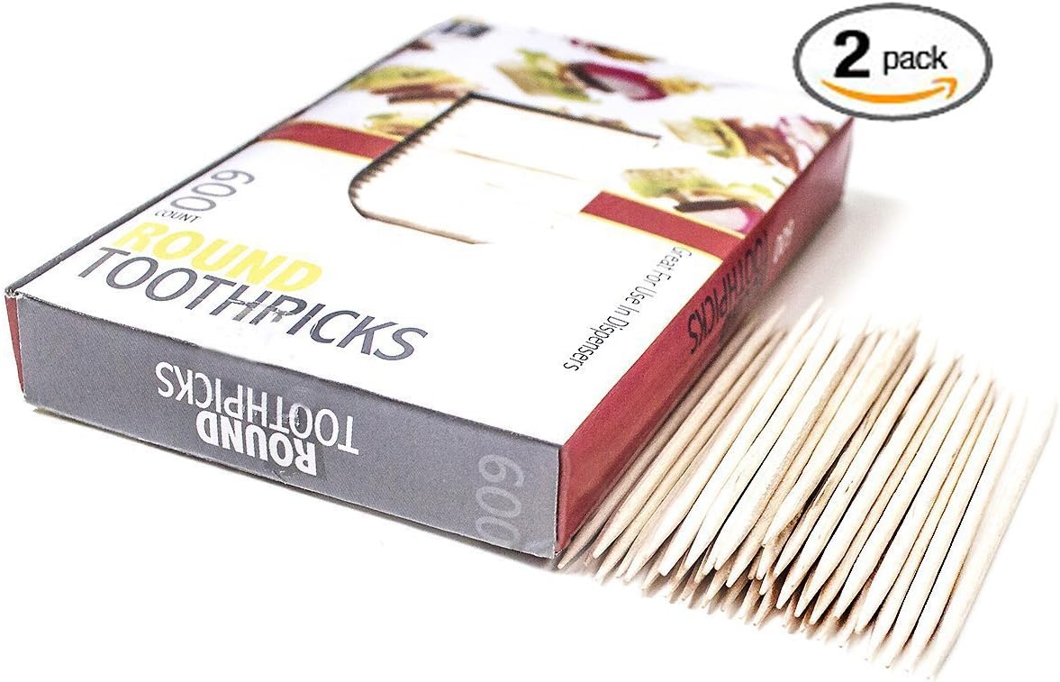 Round Wooden Toothpicks - 2 Pack Boxes of 600 Sticks - Excellent for Cocktail Skewer, Fruit and Food Appetizers, Parties and Kitchen Use.
