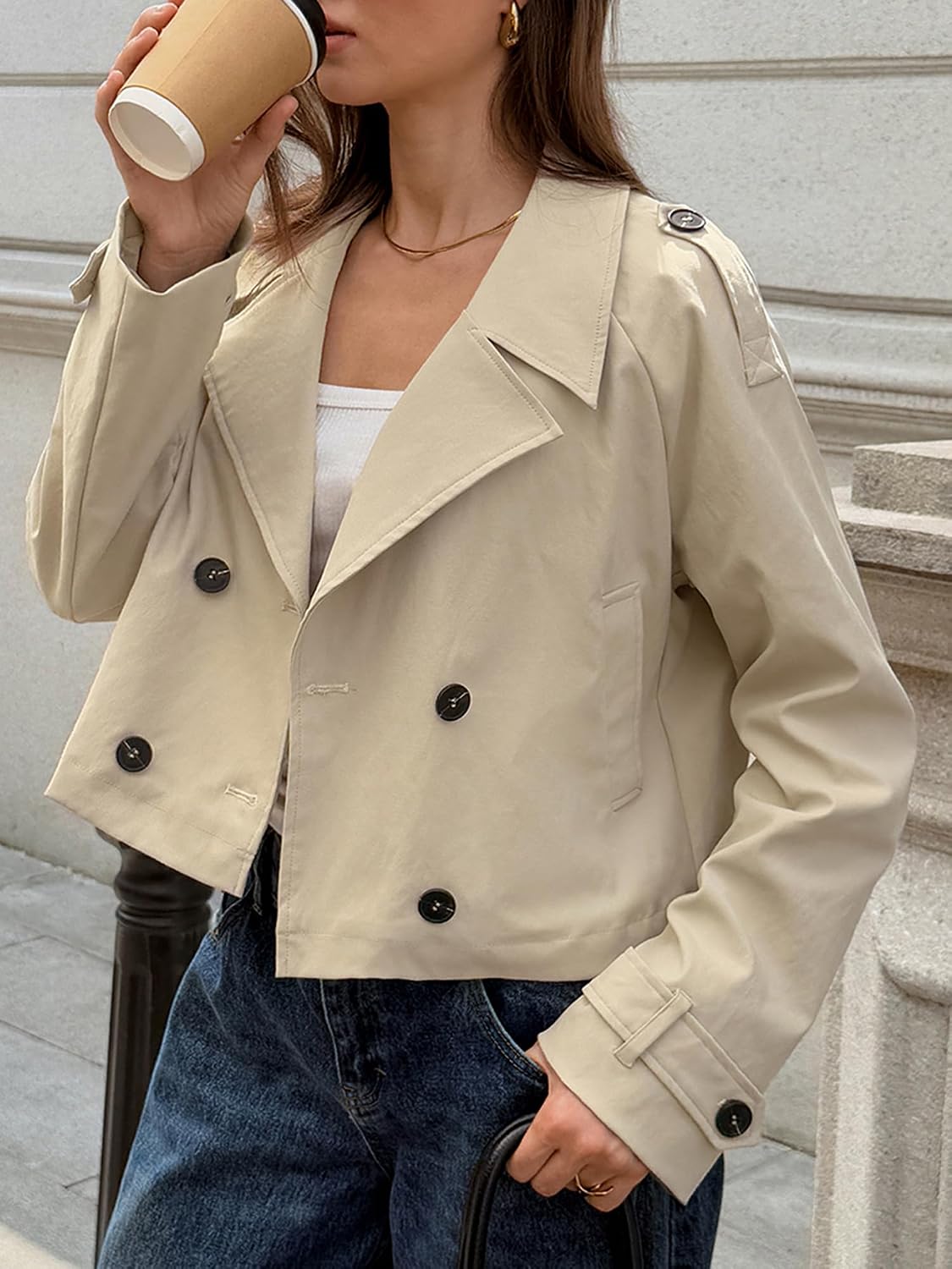 Cropped Trench Coat for Women Lapel Long Sleeve Button Down Short Jacket Double Breasted Coat Fashion Outerwear