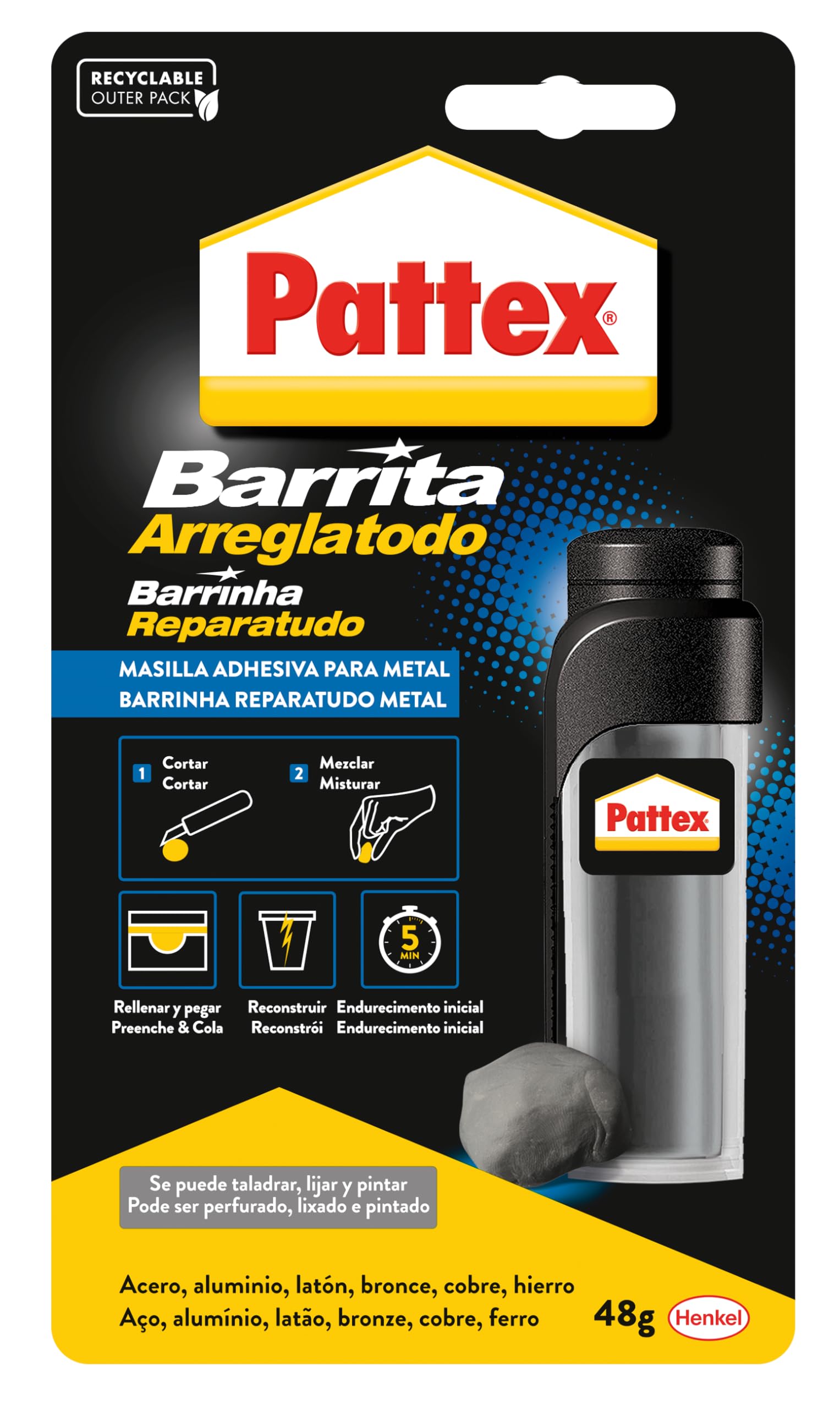 Pattex 14010226 - Barrita arreglatodo - Masilla adhesiva para sellar, pegar - Metal - 48gr - El embalaje puede variar