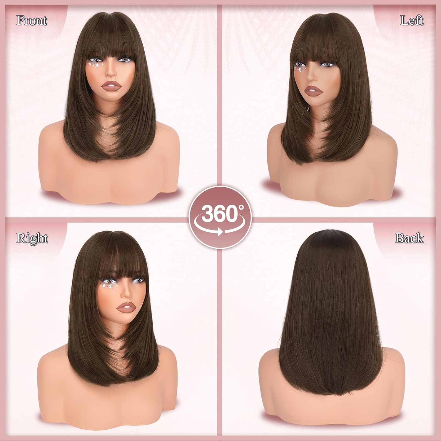 Haloo Brown Bob Wigs with Bangs Shoulder Length Straight Natural Looking Synthetic Heat Resistant Medium Hair Wigs for Women Daily Party, 16 Inch Light Brown - Image 2