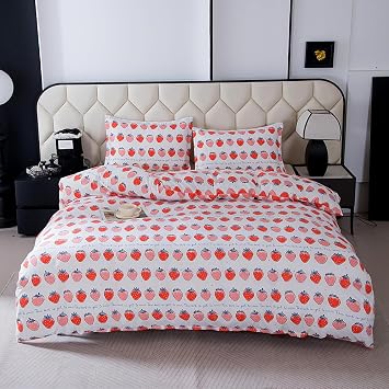 Queen Size Pink Strawberry Printed Bed Fitted Sheet,Duvet Cover and Pillowcase Set