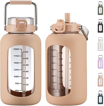 MUKOKO 84oz Glass Water Bottle with Time Marker and Silicone Sleeve 2.5L Water Jug with Stainless Steel Handle Gallon Drinking Bottle with 2-in-1 Lid Wide Mouth BPA Free, Amber