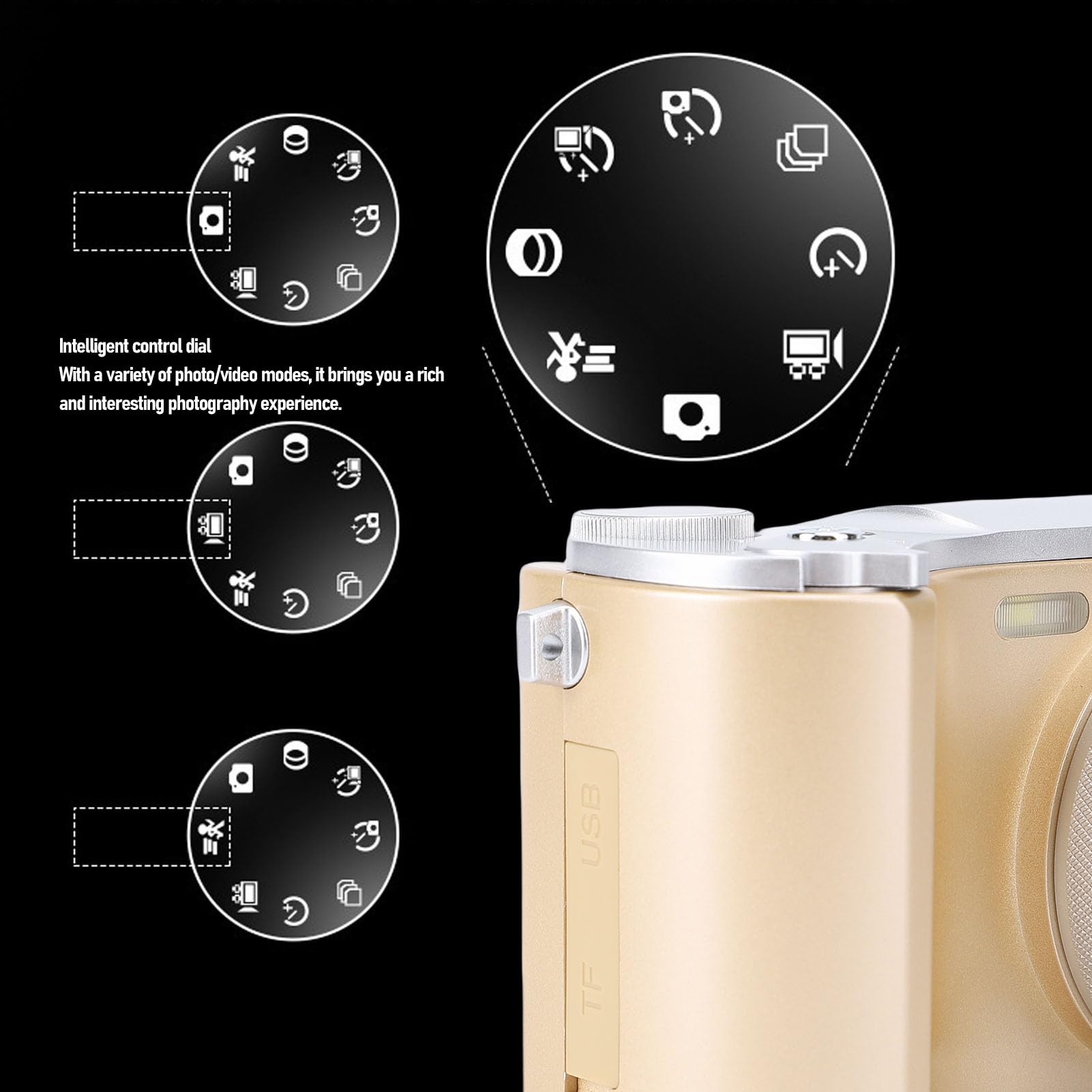Camera Digitale 4K per Fotografia, Fotocamera da Vlogging da 64 MP con Schermata a Fogli Mobili da 3, Autofocus Zoom Digitale 16x, Lente Ad Angolo Largo, per Principianti (GOLD)