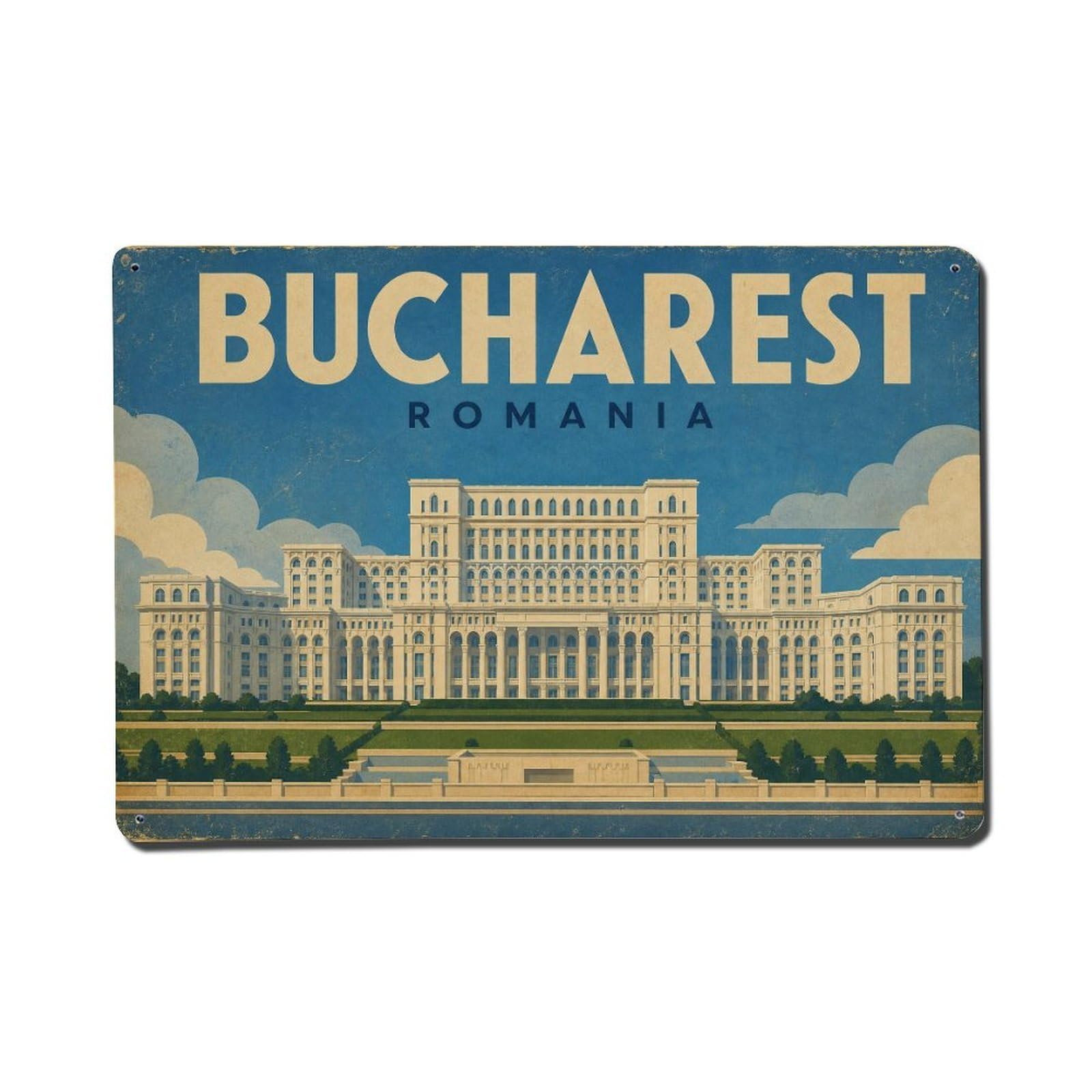 Vintage Travel Romania Bucharest Metal Tin Sign