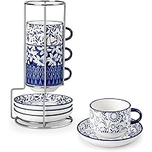 vancasso 8OZ Stackable Cappuccino Cups, Porcelain Espresso Cups with Saucers and Metal Stand Set of 4, Classic Printed Tea Cup Set for Coffee Drinks, Latte, Series SELENE (Vintage Blue, 8 Ounce)