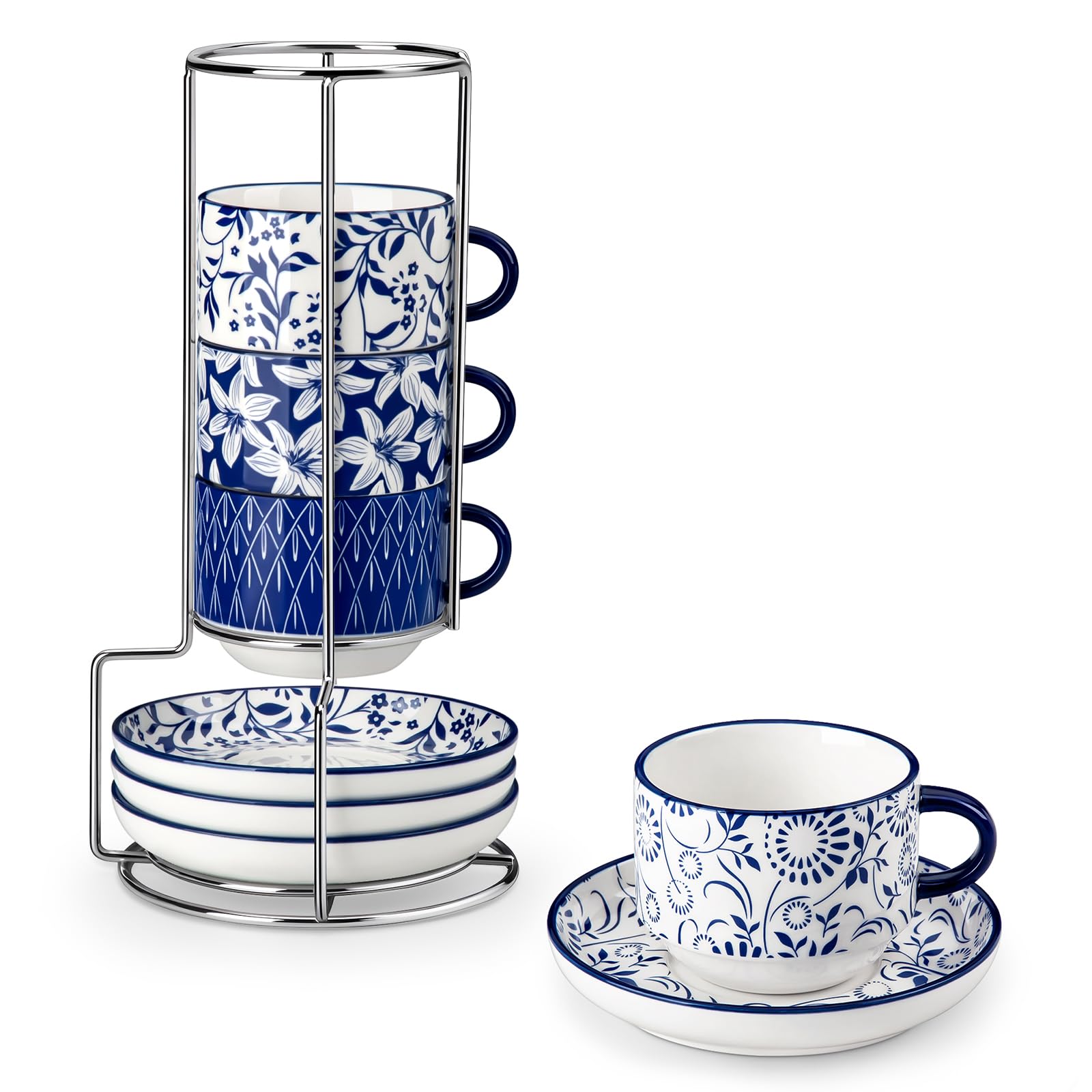 vancasso Selene Cup and Saucer Set of 4, 8oz/240ml Coffee Cups Set, Porcelain Espresso Cups with Metal Stand, Microwave & Dishwasher Safe, Cup Suitable for Latte, Filter Coffee, Standard Cappuccino