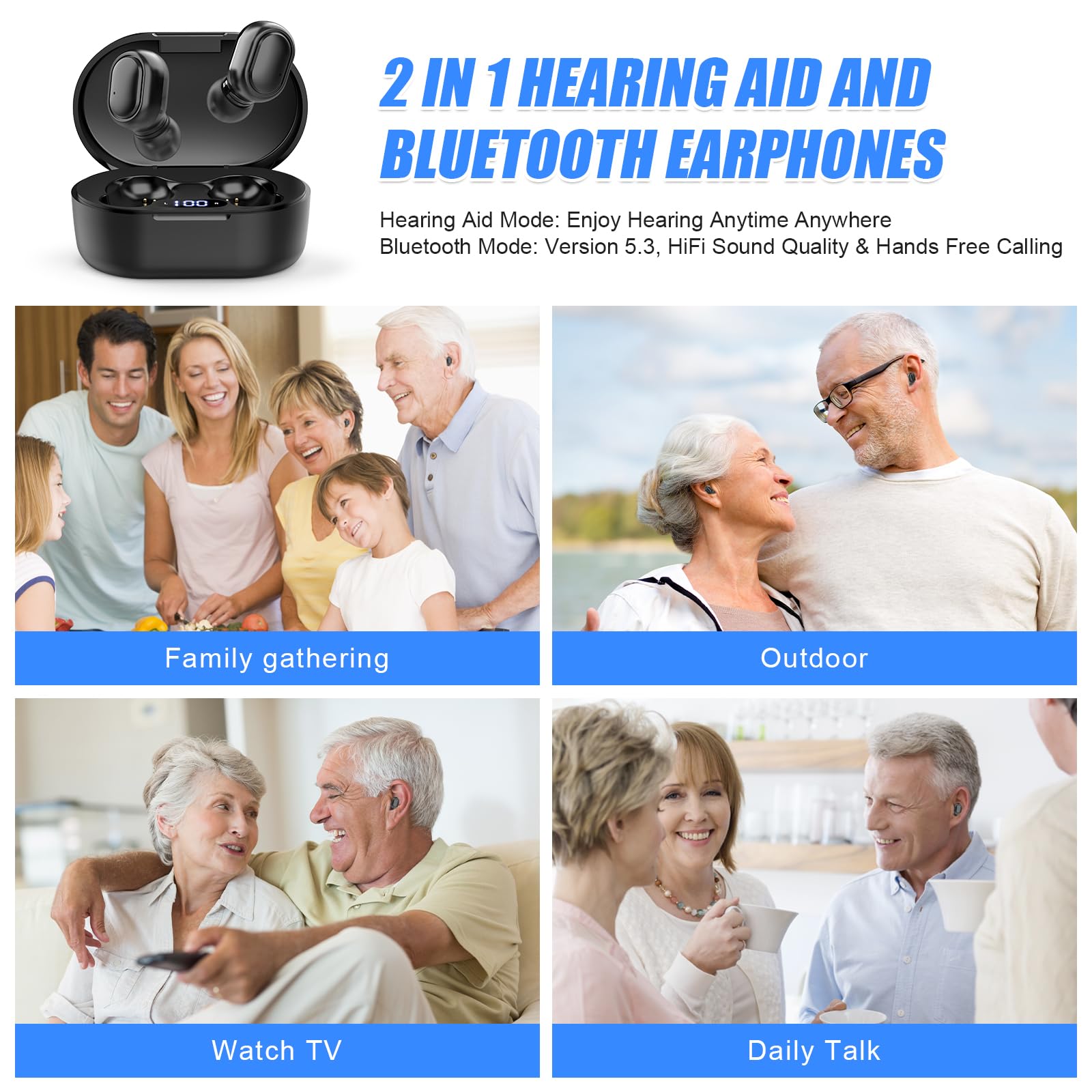 Audífonos Bluetooth para personas mayores recargables con cancelación de ruido y control de volumen, amplificador auditivo interno para adultos con pérdida auditiva, estuche de carga portátil 5