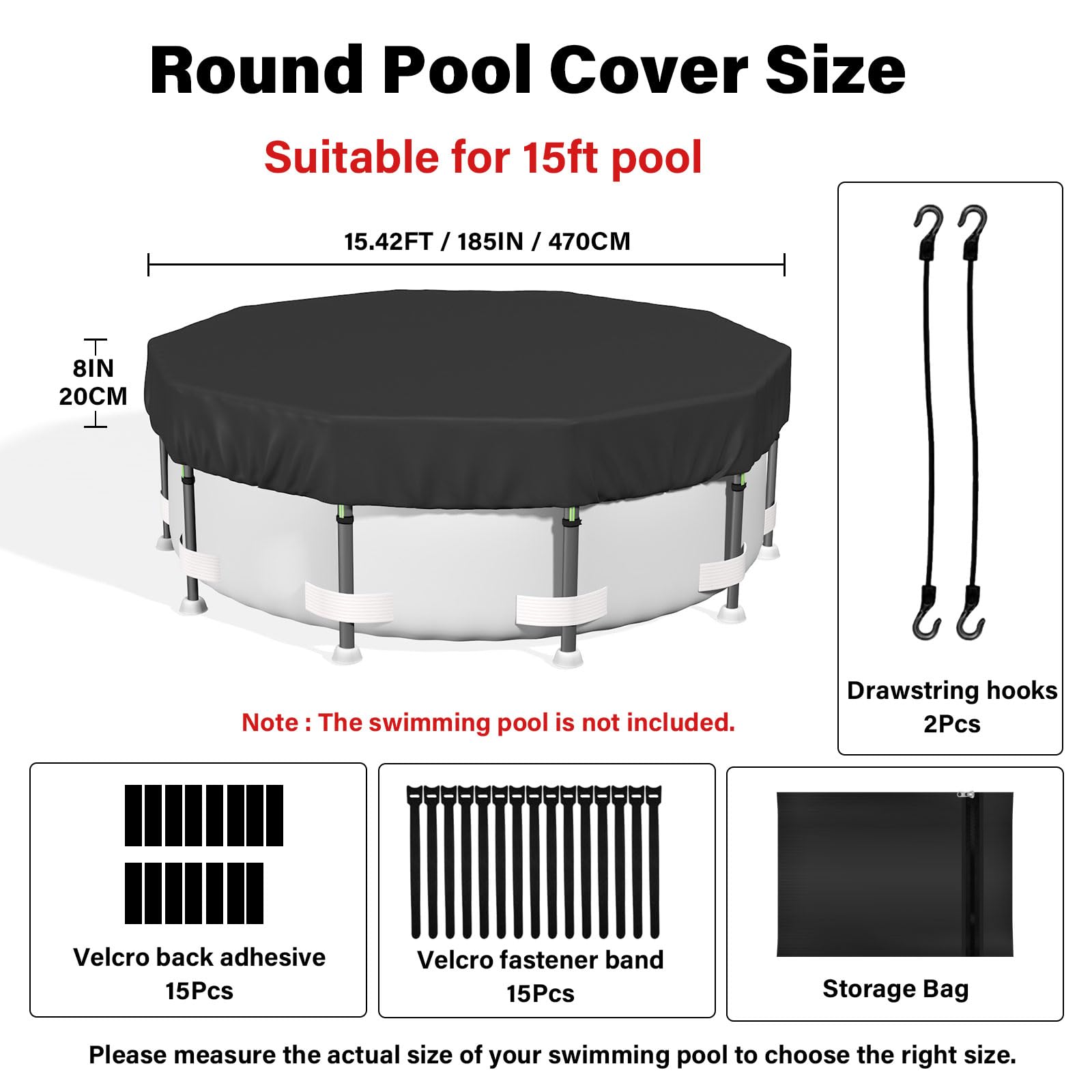 SAFANA Cubiertas redondas de 15 pies para piscinas sobre el suelo, cubierta redonda de piscina [mejorada 420D más gruesa], cubierta protectora de hojas con tira reflectante, resistente al desgarro