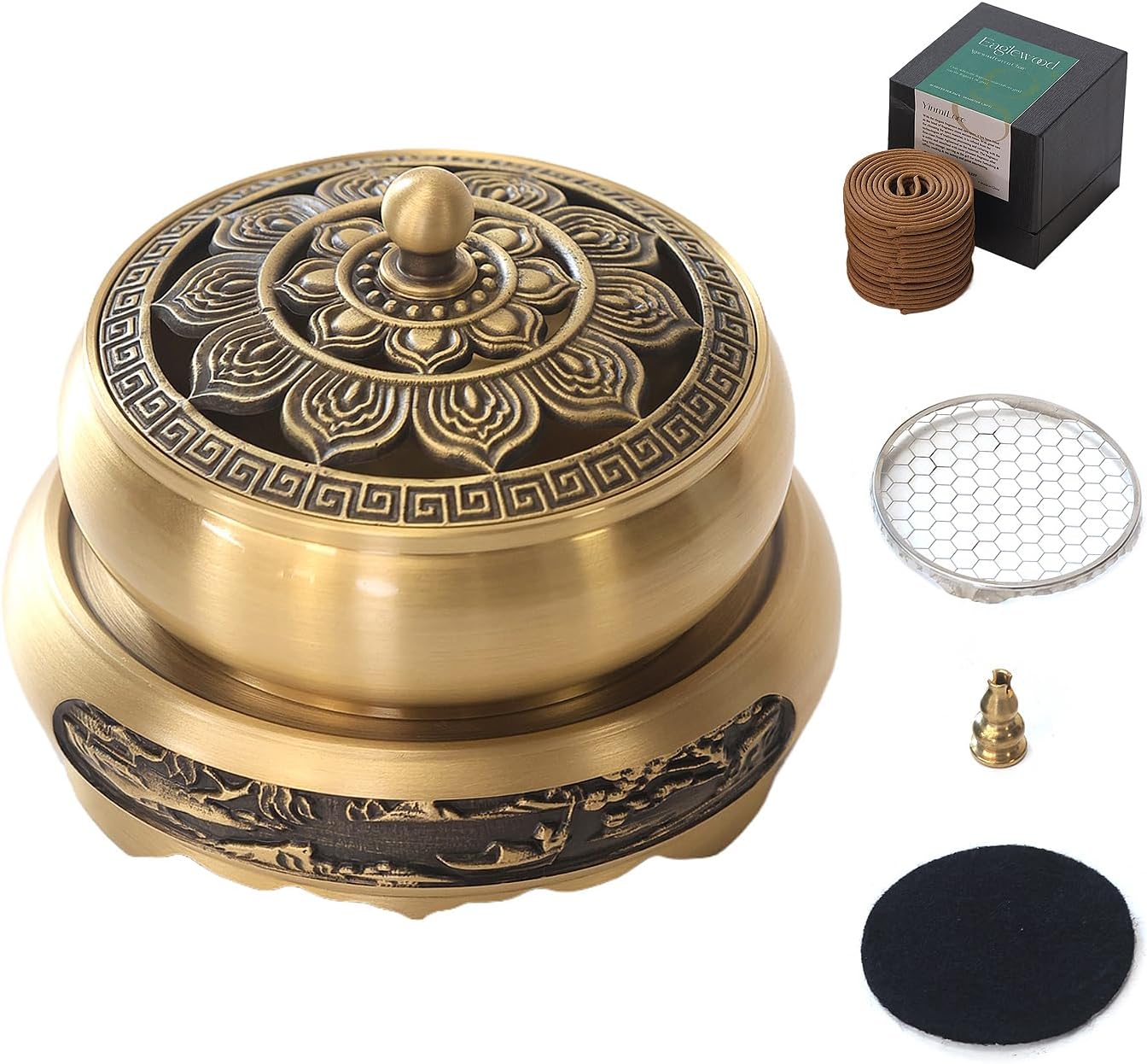 Brass Incense Burner Bowl, Lotus Shape, with Stick Holder & Incense net &Fire Cotton Incense Holder Cone Coil Incense Burner Ash Catcher with Lid for Indoor Office Décor, Handicraft Gifts,Censer