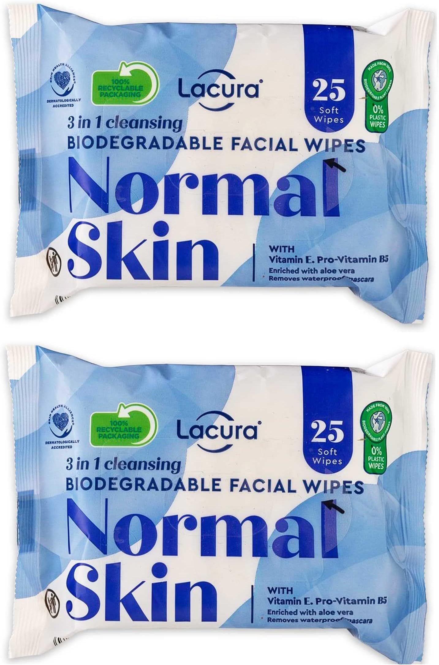 Lacura3 In 1 Biodegradable Cleansing Facial Wipes For Normal Skin, Makeup Removal Wipes with Vitamin E, Pro-Vitamin B5, Aloe Vera, 2 Packs (50 wipes in total)