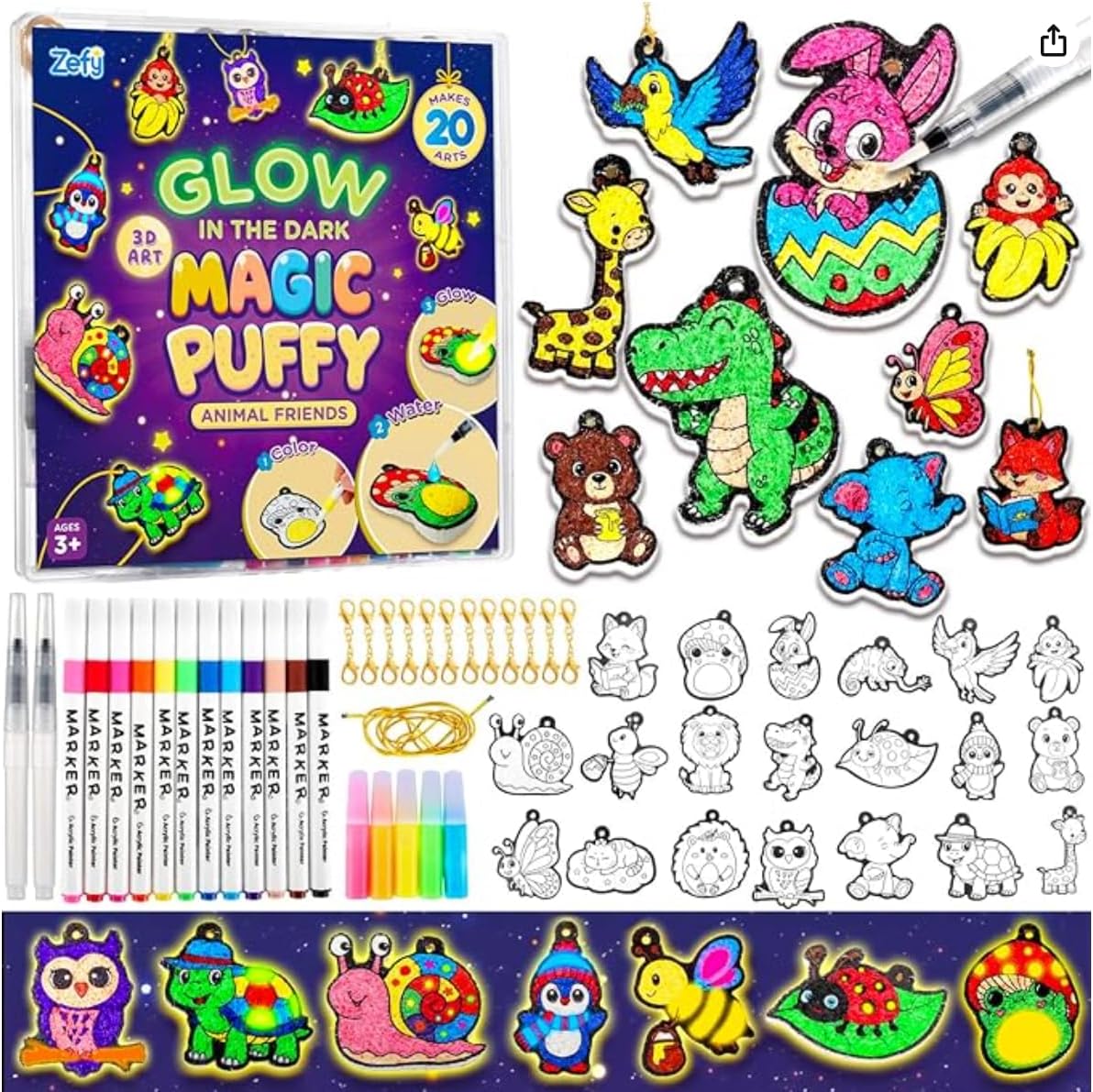 Zefy 3D Art Craft Kits, 20 Pcs Glow in The Dark Magic Puffy Animals