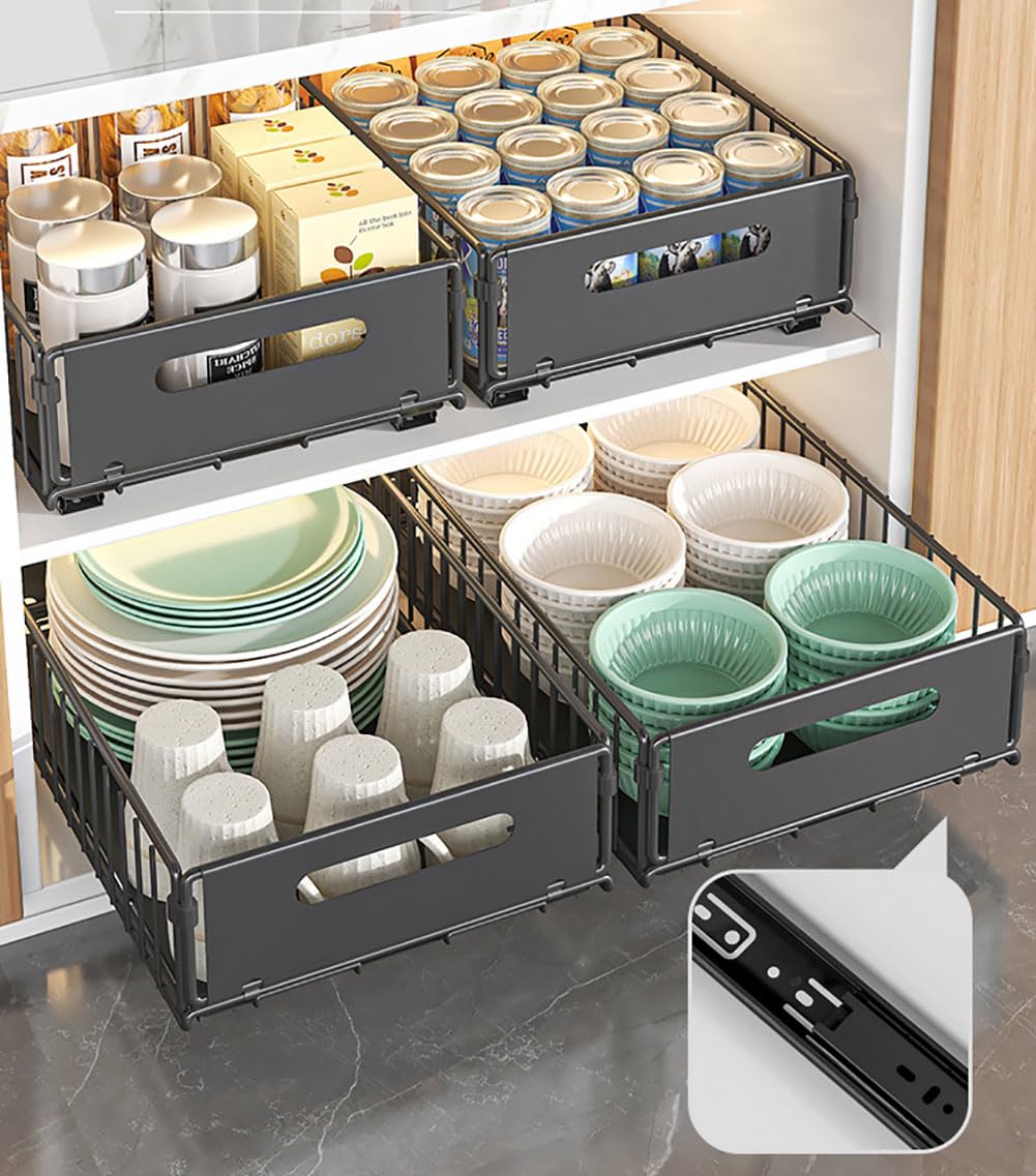 YunNasi Cassetto Estraibile Cucina Cassetto Telescopico Ripiano Cassetto Telescopico Cassetto Scorrevole Armadio da Cucina Senza Bisogno di Trapano e Chiodi (Nero, 2 pezzo 38D X 25W X19H CM)