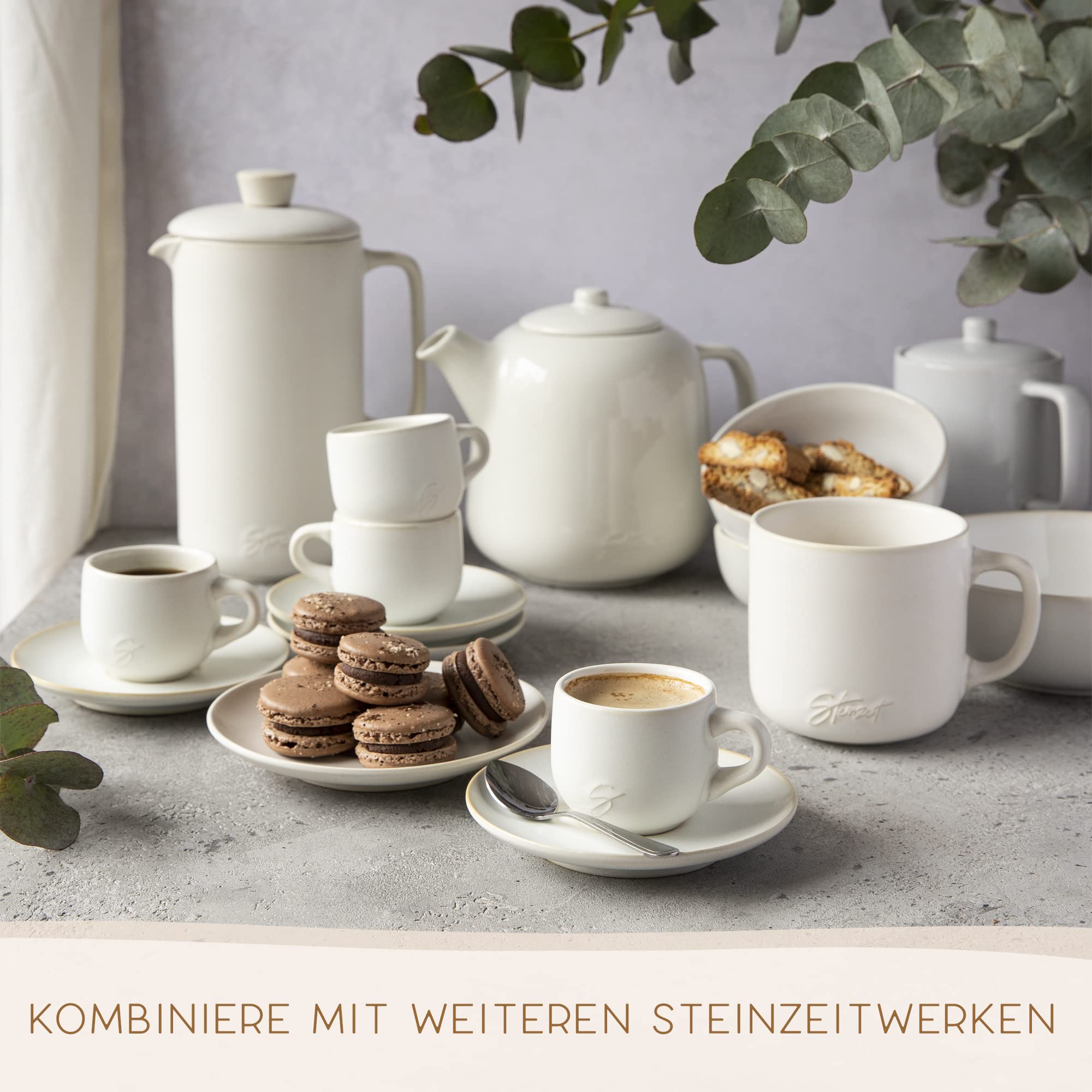 STEINZEIT Design Espressotassen (6x80ml) - Espressotassen Set mit passenden Untertassen - Espressokaffeetassen aus 100% Handfertigung - stapelbare Mokkatassen in Weiß