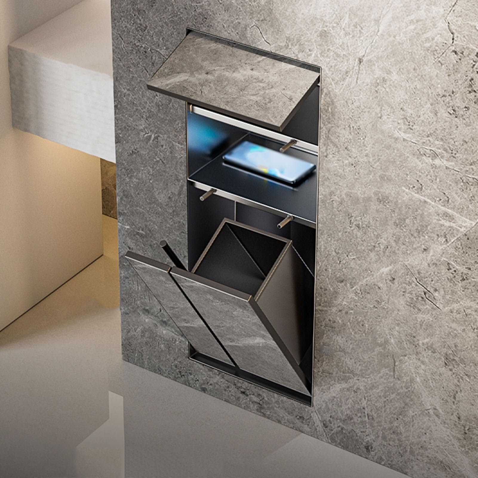 Soporte empotrado para papel higiénico con cubo de basura y escobilla, inserto de nicho de pared para paneles de yeso, dispensador de papel higiénico para baño