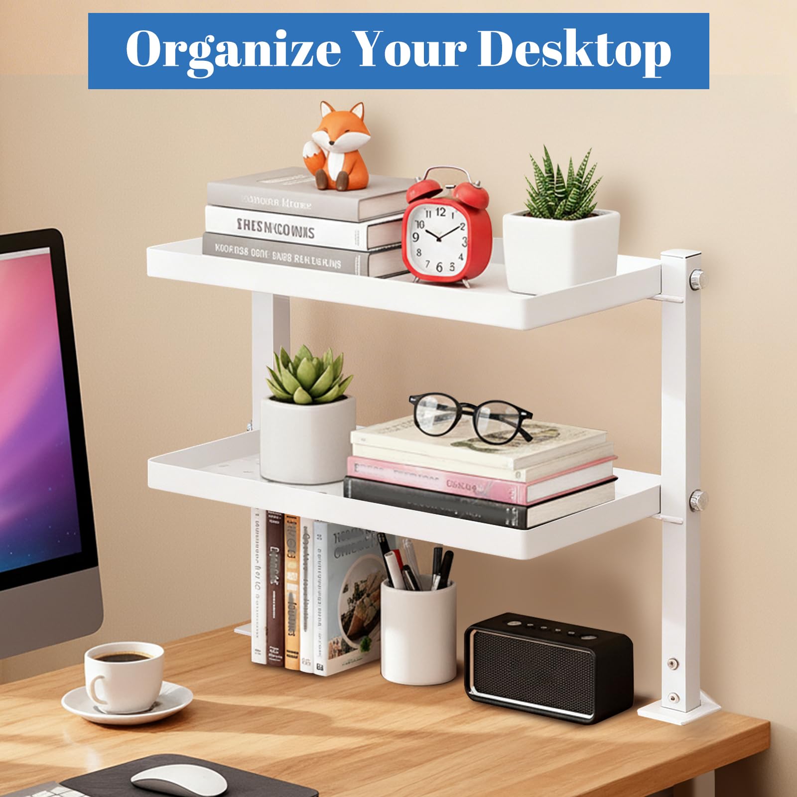 Klemmregal Schreibtisch Organizer mit 2 Ebenen, Schreibtischregal mit Lochwand & Lagerregal aus Kohlenstoffstahl, Schreibtisch Aufsatzregal Weiß für Bücherregal, Küchen Organizer, Kaffeeregal