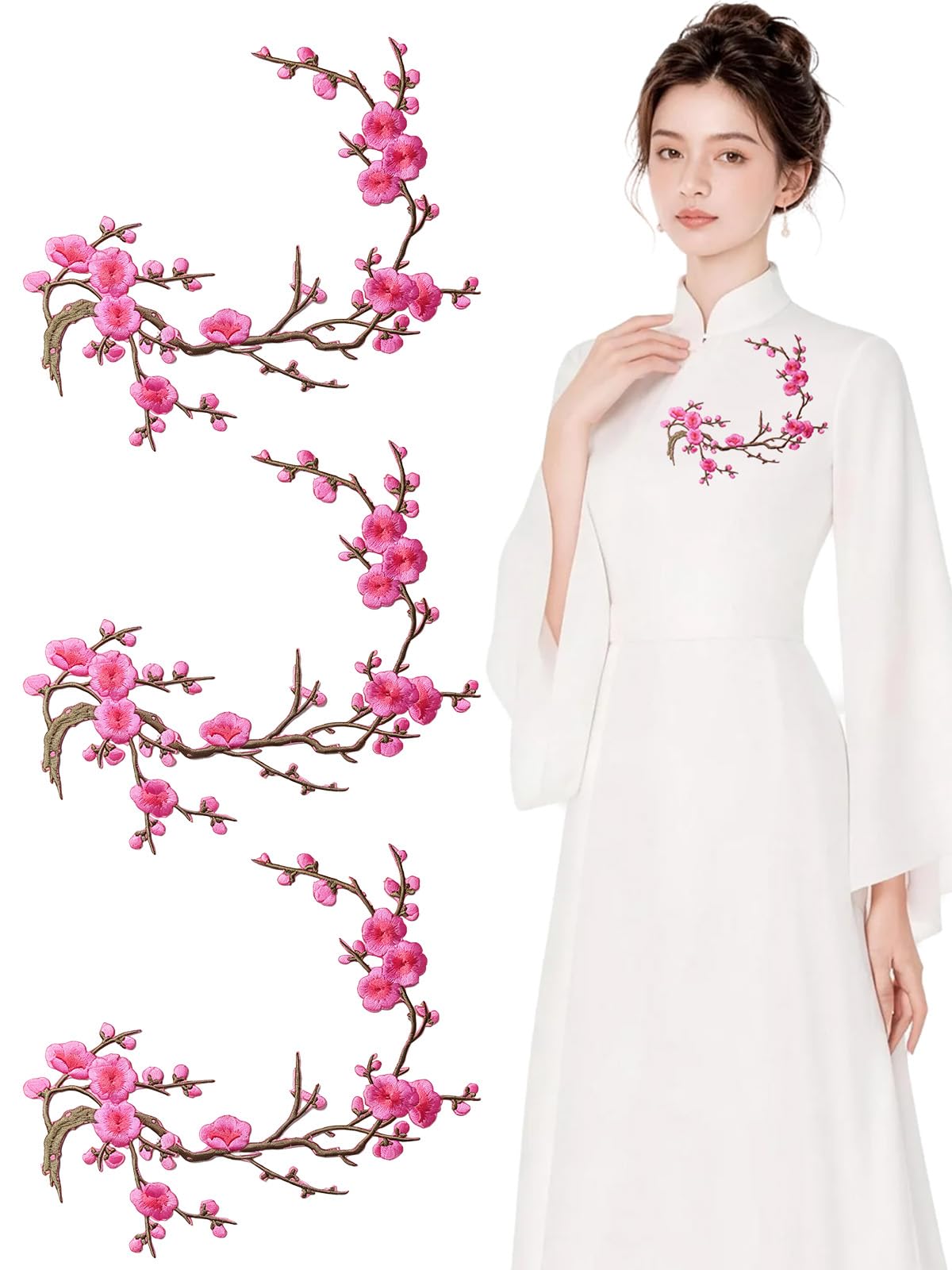 3pcs Plum Flower Blossom Iron-On Embroidery Appliqué Patches
