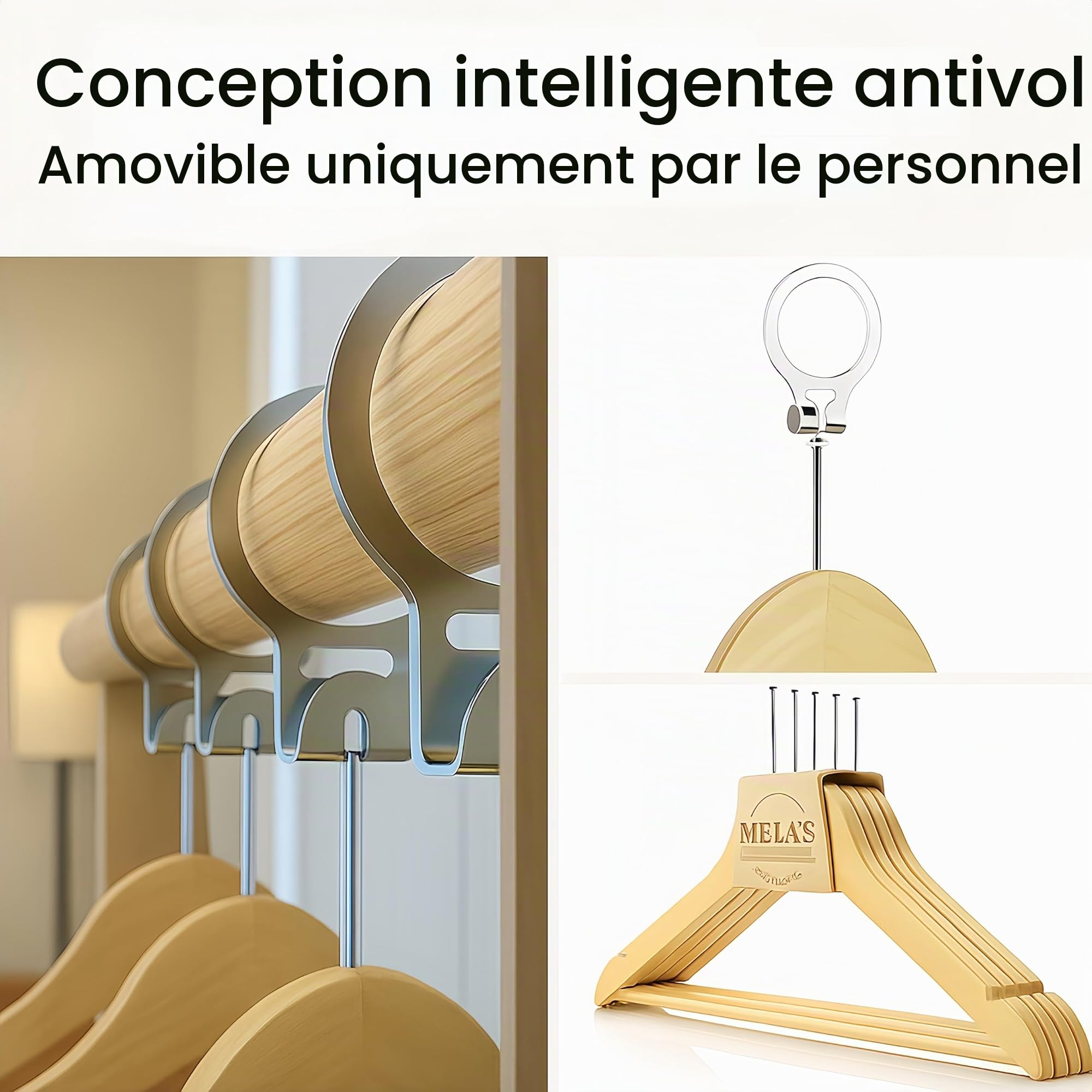 MELA'S Lot de 10 cintres en Bois antivol avec Anneau de sécurité – Retirables Uniquement par Le Personnel – pour hôtels et Usage Professionnel