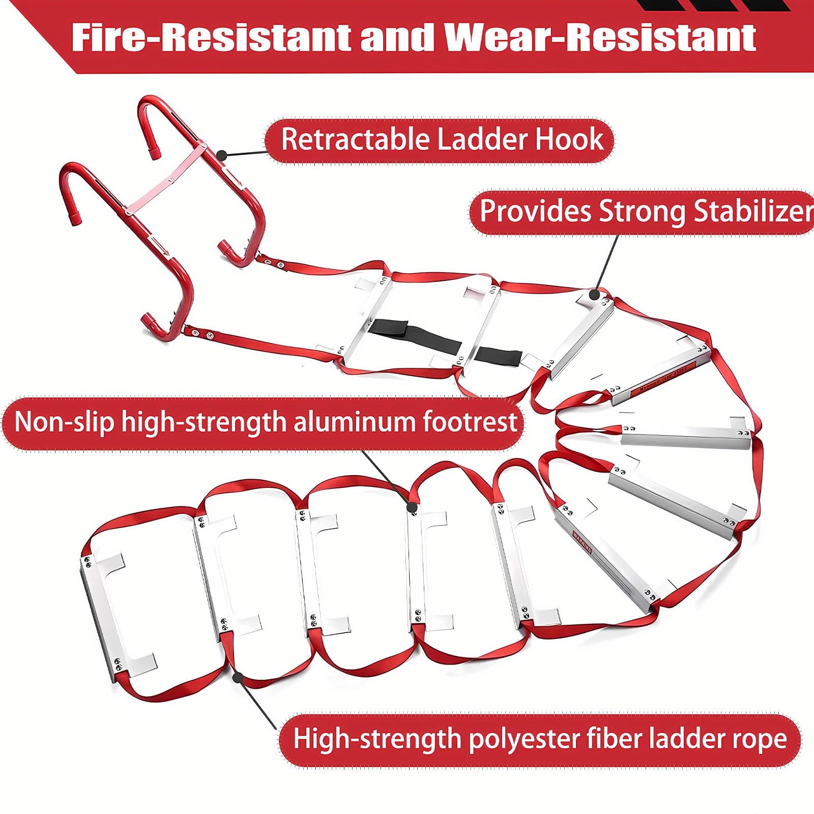 Escalera De Cuerda De Emergencia Escalera Portátil Plegable 2 a 6 Pisos, Peldaños Anchos Antideslizantes, Escalera De Evacuación Desde Ventana Y Equipo De Seguridad contra Incendios 4.5M/15Ft