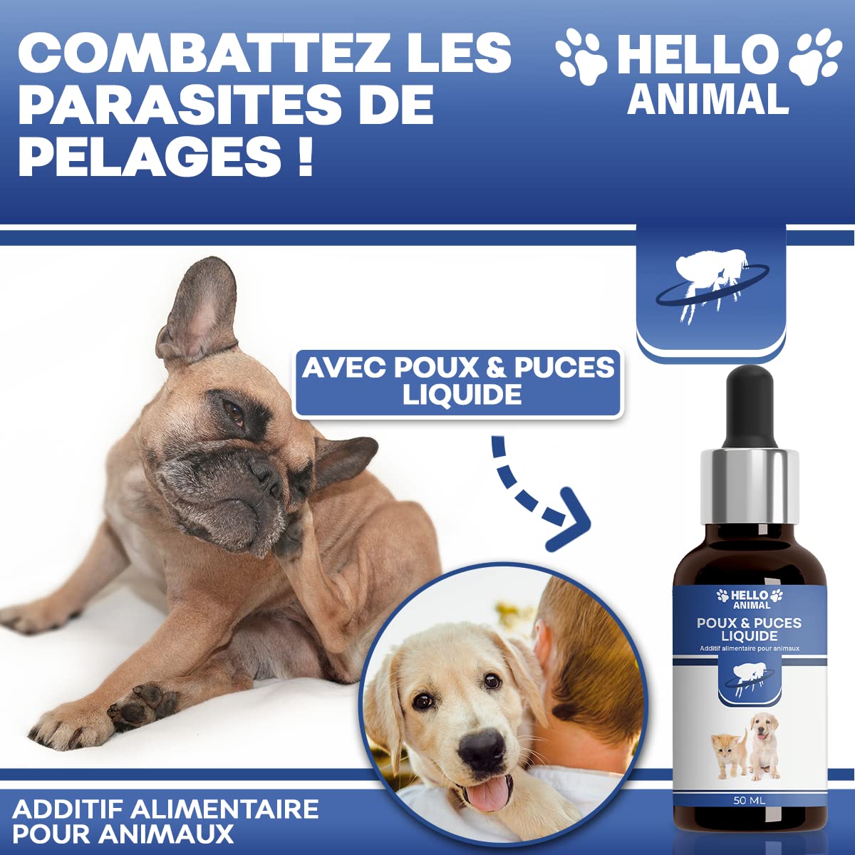 NOUVEAU : HelloAnimal POUX & PUCES Liquide pour chat et chien contre l’infestation parasitaire – combattre naturellement acariens poux & puces – EFFET IMMEDIAT ǀ 50 ml