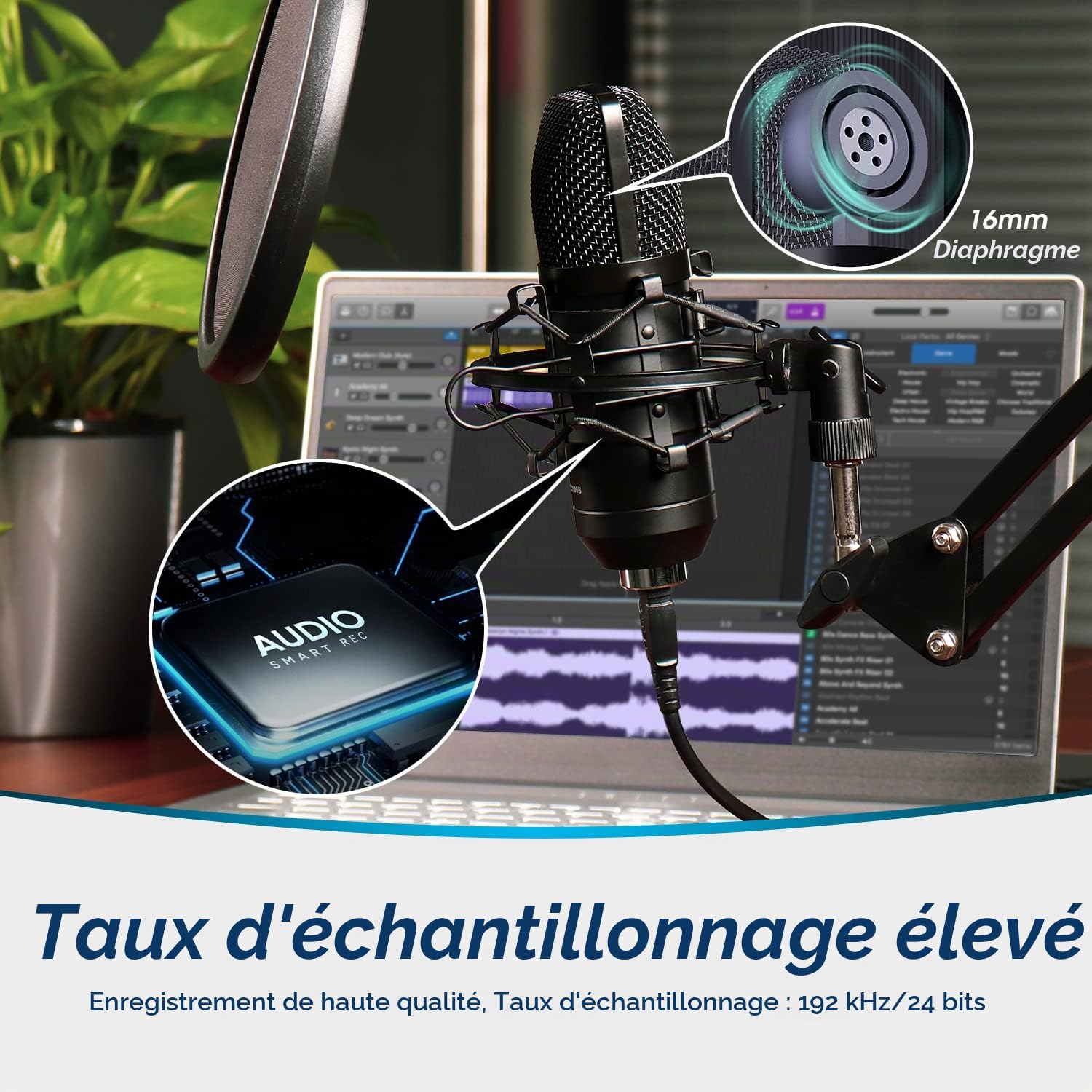 August REC100 Microphone Condensateur USB Cardioïde avec Bras Articulé