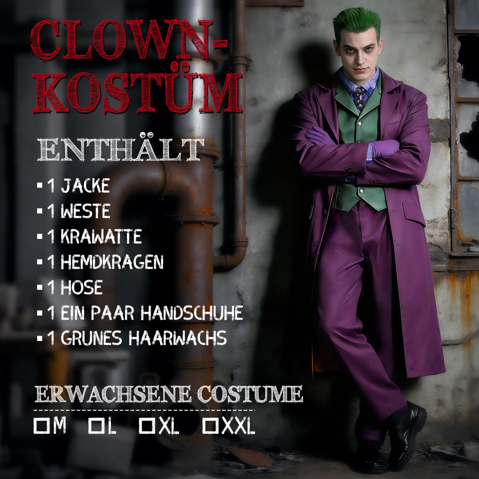 Joker Kostüm Herren, Killer Joker Outfit Herren Horror Clown Kostüm Erwachsener Set mit Lila Mantel, Grüne Weste, Hose, Krawatte, Falschem Hemdkragen und Handschuhen für Halloween