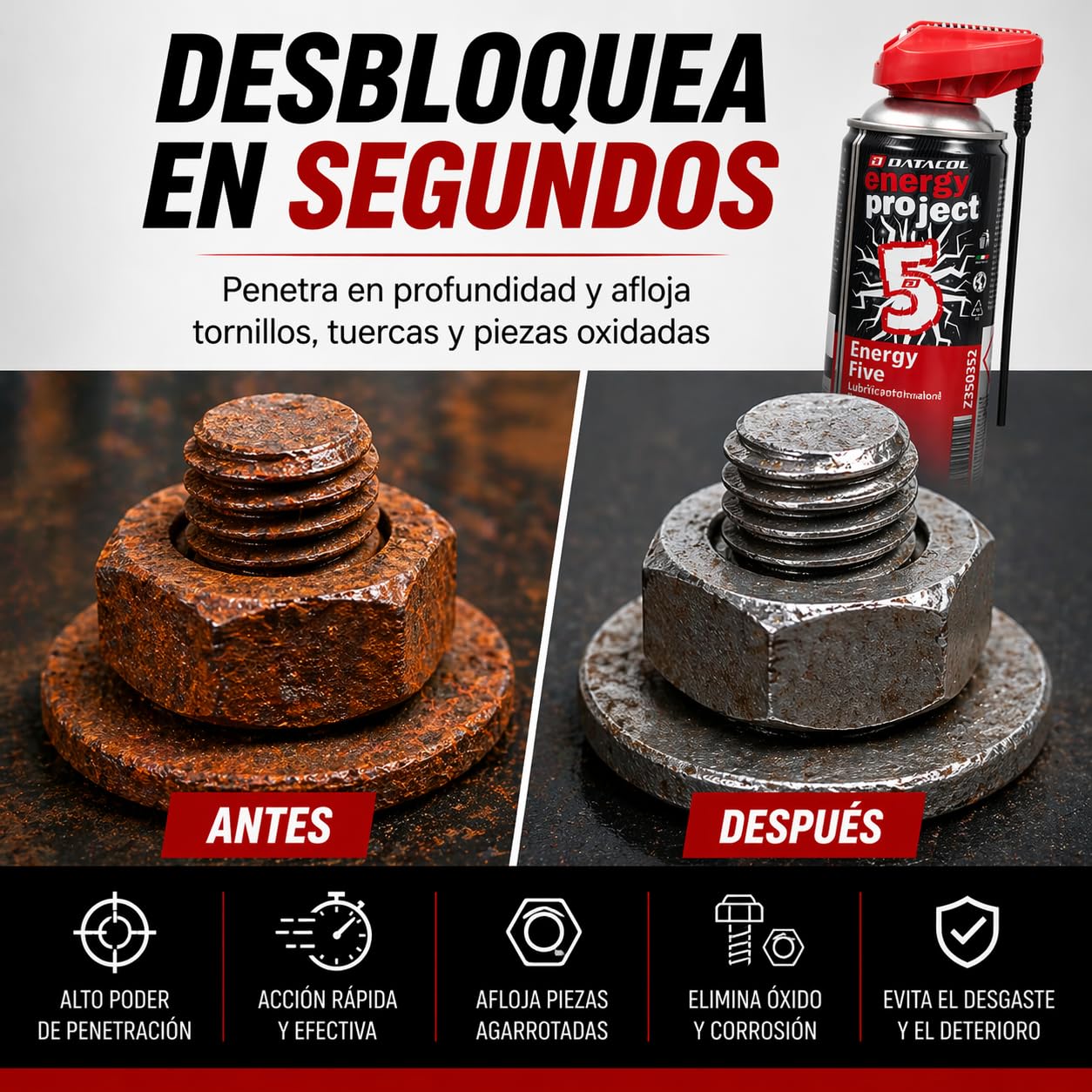 Datacol lubricante spray multiuso 5 en 1, aflojatodo de alto rendimiento y larga duración, elimina óxido y protege contra corrosión, 400 ml (4)