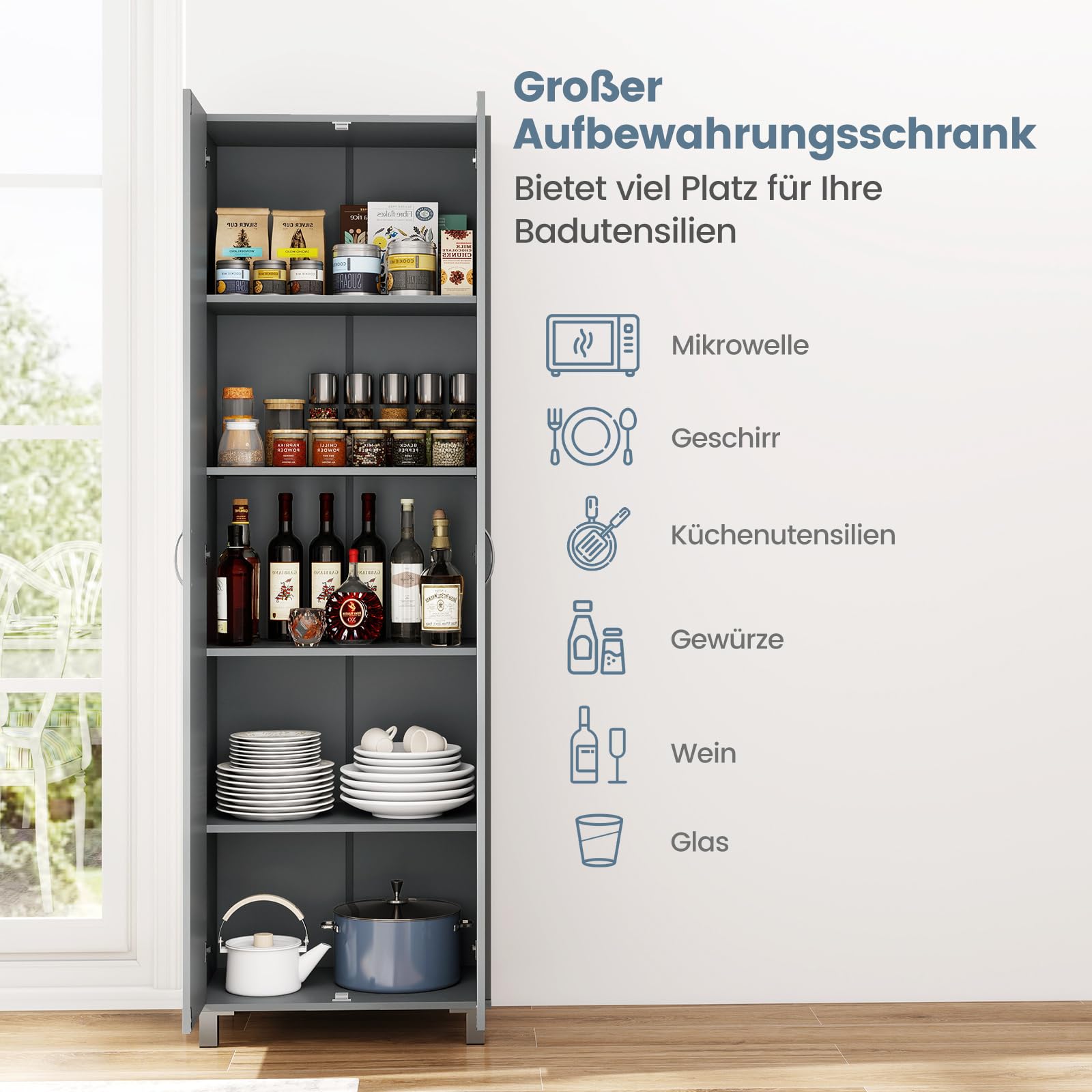 COSTWAY Küchenschrank hoch, 187 cm, Vorratsschrank mit 2 Türen & verstellbarem Regal, Mehrzweckschrank modern, Hochschrank Buffetschrank, für Küche Esszimmer Wohnzimmer (Grau)