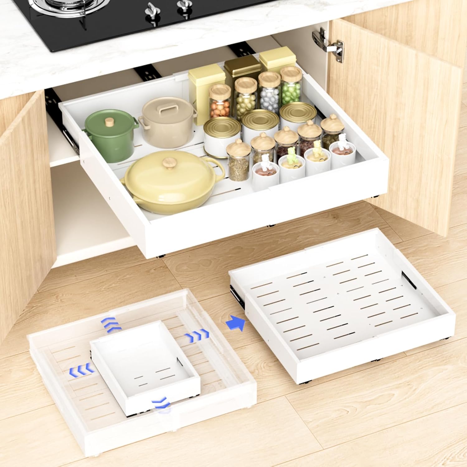 Dayacoco 2Pcs Dayacoco Pull Out Cabinet Organizer, Expandable Width (11.4"-19.4") and Depth (16.7"-21.4") With 3 Rails, Slide out Drawers for Kitchen Base Cabinet Organization, No Drill, White