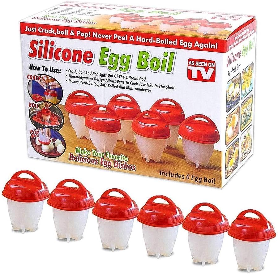 Shaliyan Egg Cooker-6 Pack 6 Exclusively and Holder 6 Nonstick Silicone Seen on TV Hard Boiler Poache, Standard, White/Red