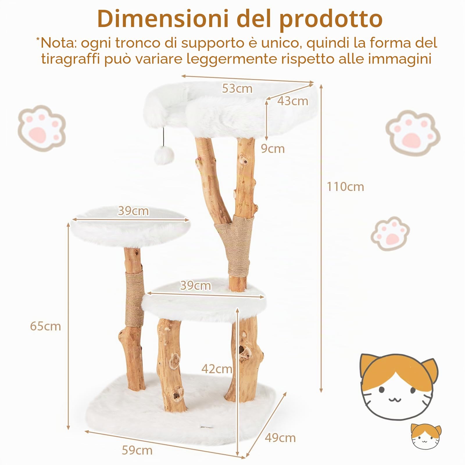 SOARS Tiragraffi per Gatti in Legno, 110 cm con 3 Posatoi in Peluche, 1 Pompon, Corda in Sisal e Tronchi Naturali, Alberi per Gatti Stabile, Bianco