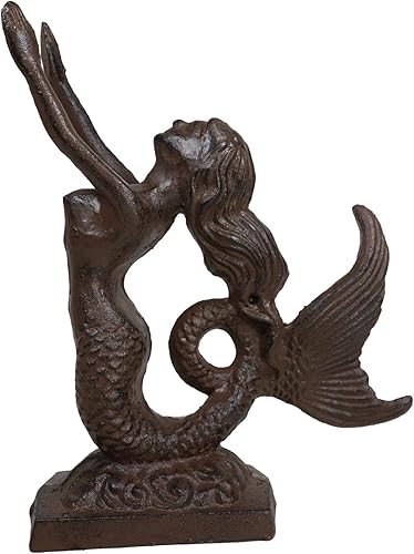 Ebros Gift Sirena náutica rústica de hierro fundido sirena rizada cola tope de puerta escultura 8.25 pulgadas de alto para el hogar u oficina tope