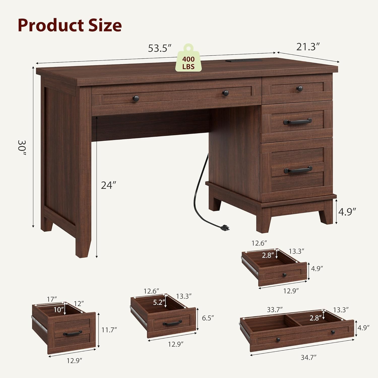 Takywep Farmhouse Home Office Desk with Power Outlets & USB Ports, 53.5 Inch Writing Desk with Adjustable File Cabinet and Storage Drawers, Executive Computer Desk for Study, Workspace