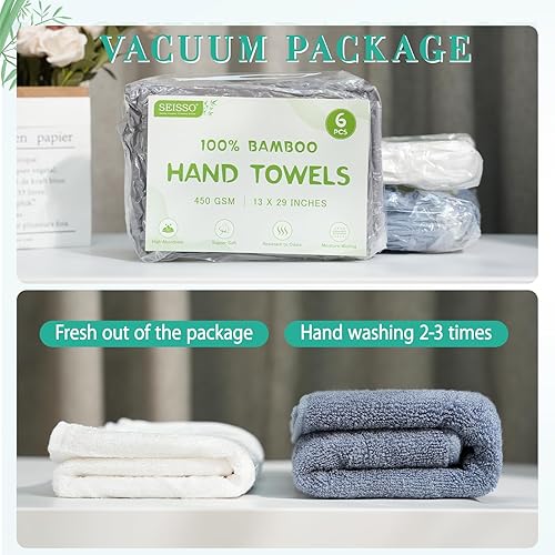 Miniatura 7 de SEISSO Juego de 6 toallas de mano de viscosa de bambú, de secado rápido y duraderas, 13 x 29 pulgadas, suave y absorbente, perfecta para el baño en