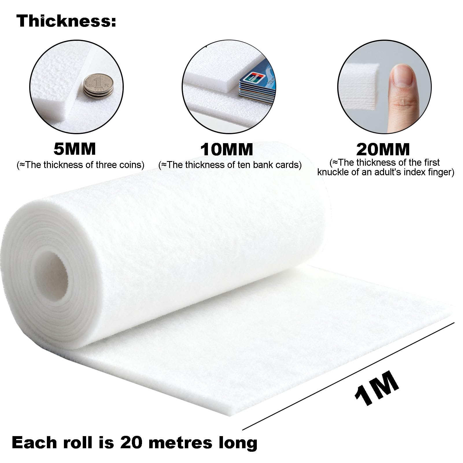 Rollo de algodón filtrante de Alta Densidad para acuarios y fábricas, 1 x 20 m, de 5 mm a 20 mm de Espesor, Ideal para Sistemas de filtración de Aire y Agua.