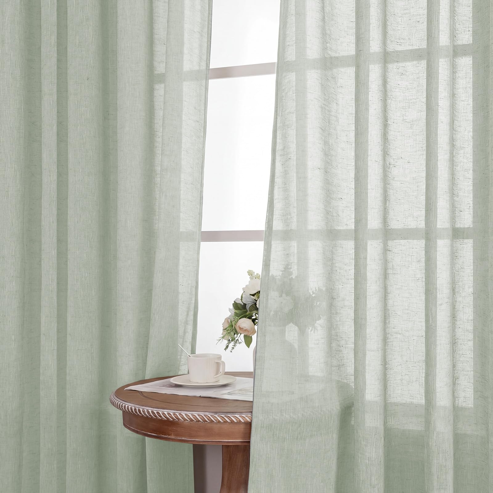 BellaHills Gardinen Leinenoptik Kurz Vorhänge Leinen mit Ösen Fenstervorhang Wohnzimmer Leinenstoff Halbtransparent für Schlafzimmer 2er Set 137cmx140cm (HxB) Grün
