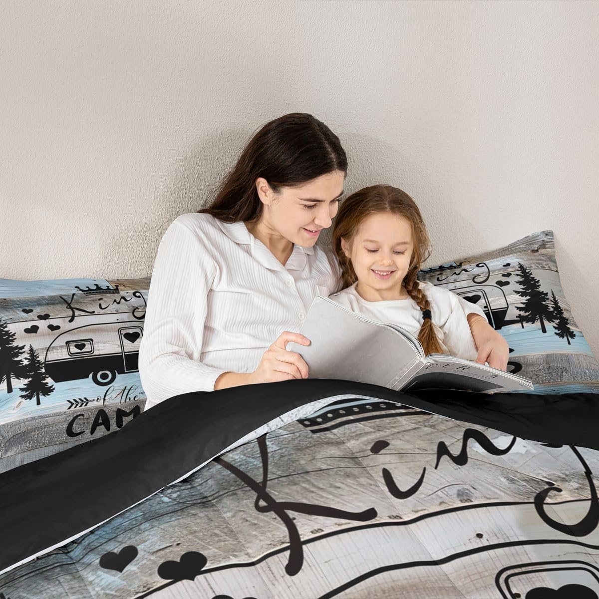 Rustic Farmhouse Style Comforter Set - King Size Happy Camping Black Sketch Drawing Duvet Insert Ultra Soft Inner Fill Bedding 3 Pieces with 2 Pillowcases