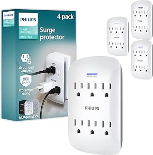 Philips 6-Outlet Extender Surge Protector, 900 Joules, 3 Prong, Space-Saving Design, Protected Indicator LED Light, 4 Pack, White, SPP3469WA/37