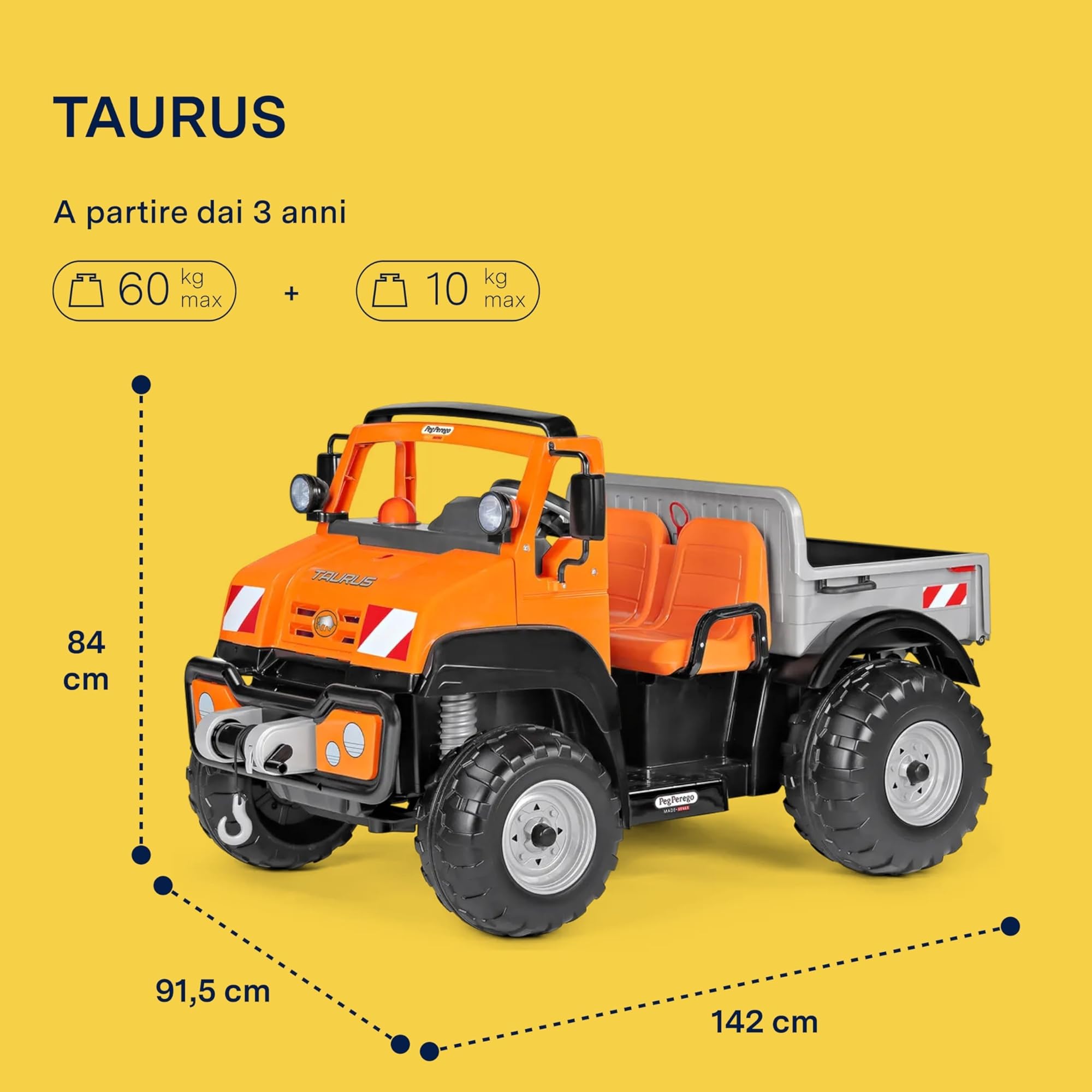 PEG Taurus Utility Truck Elettrico Cavalcablile per Bambini dai 3 Anni, Camion Elettrico con Cassone Ribaltabile, Batteria Ricaricabile da 12V, Motore 350W, Luci e Suoni, 2 Marce