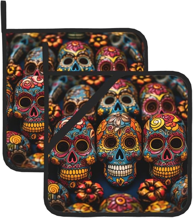 Pot Holders Set of 2 Heat Resistant Non Slip Potholders Colorful Sugar Skulls Pot Holders Kitchen Hot Potholders Washable Oven Mitts Cooking Pads Oven Hot Pads for Kitchen Cooking Baking Barbecue
