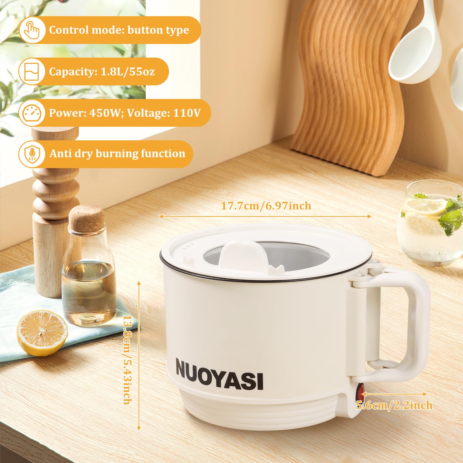 Electric Hot Pot with Steamer 1.8L/55oz Ramen Cooker w Over Heating & Dry Burning Protection,Nonstick Electric Pot Multifunctional Dorm Office Noodles Pot for Noodle Oatmeal Pasta Ramen (Single-layer)