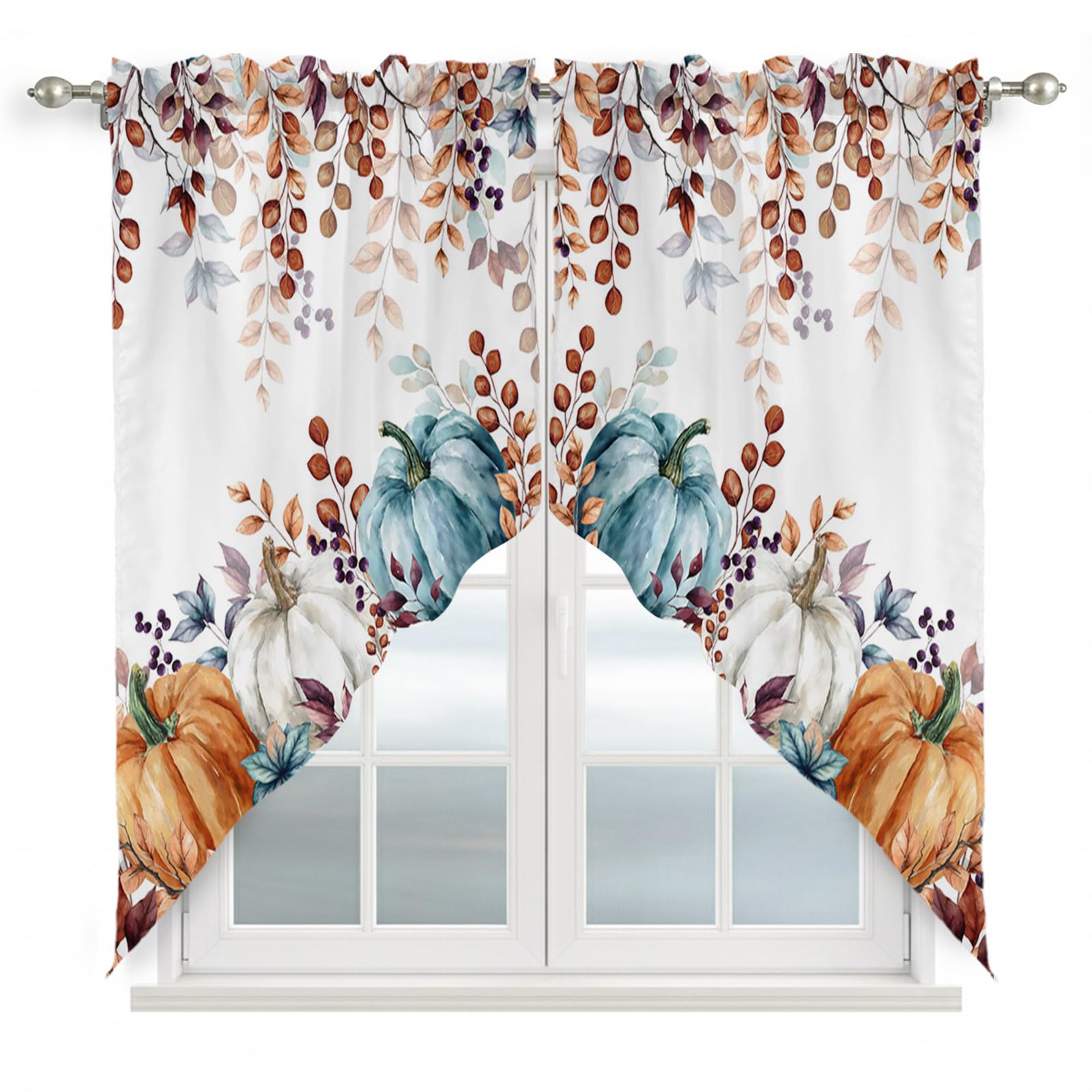 BEMIGO Fall Valances for Windows Thanksgiving Kitchen Window Curtains Over Sink, Blue Orange Pumpkin Rod Pocket Swag Curtains Valance,2 Panels,36 Inches Length