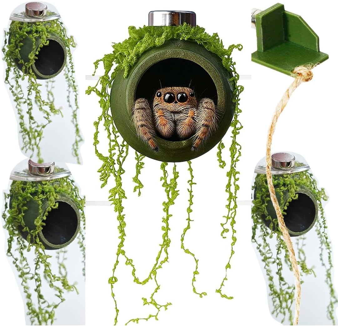 4Pcs Jumping Spider Enclosure Accessories Cocoon-Shaped Jumping Spider Hideaway with Artificial Moss and 1 Pcs Resting Platform Magnetic Small Animal Shelter Toy (Army Green)