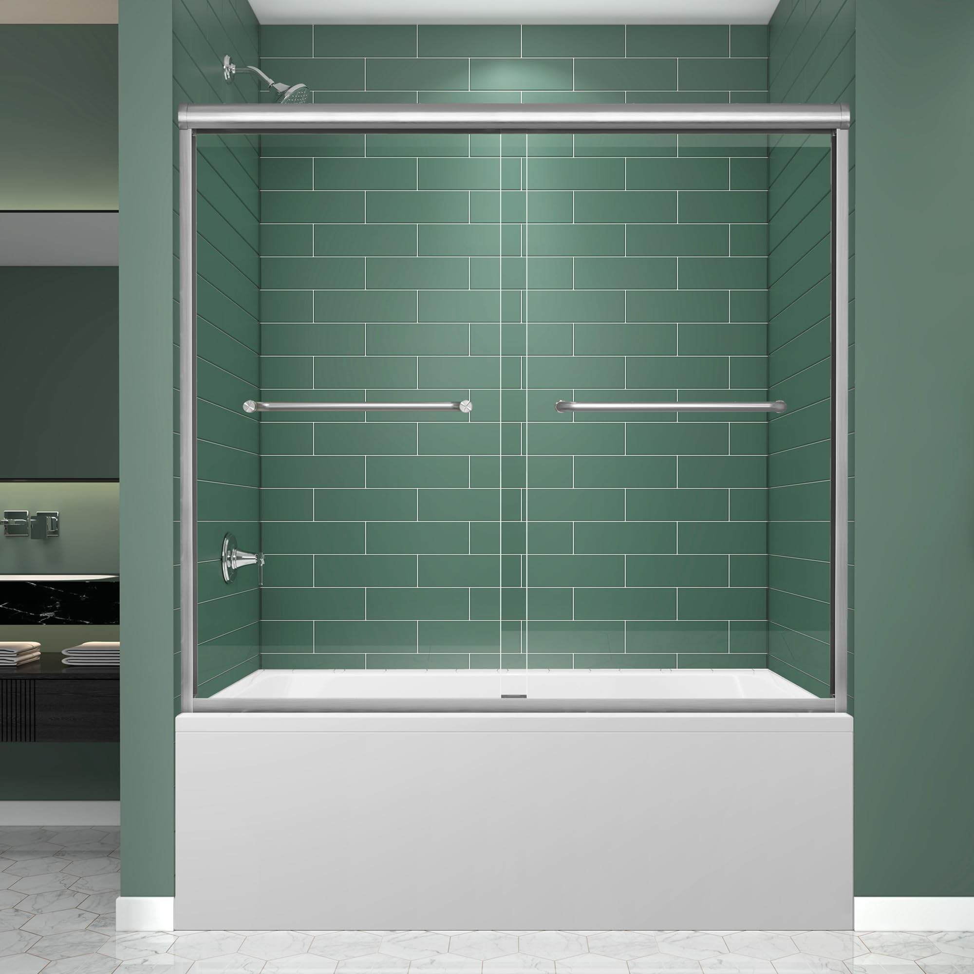 Tub Double Sliding Shower Door 55-55-60" W x 57" H, Brushed Nickel, Bathtub Door, Clear Glass, Framed, 1/4" (6mm) Tempered Glass