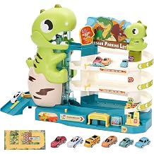 Dinosaur Car Garage Play Set for Children 2-in-1 Racing Track Toy and Car Parking Garage for Children with Light and 6 Cars Gifts Toy for 2 3 4 5 Years
