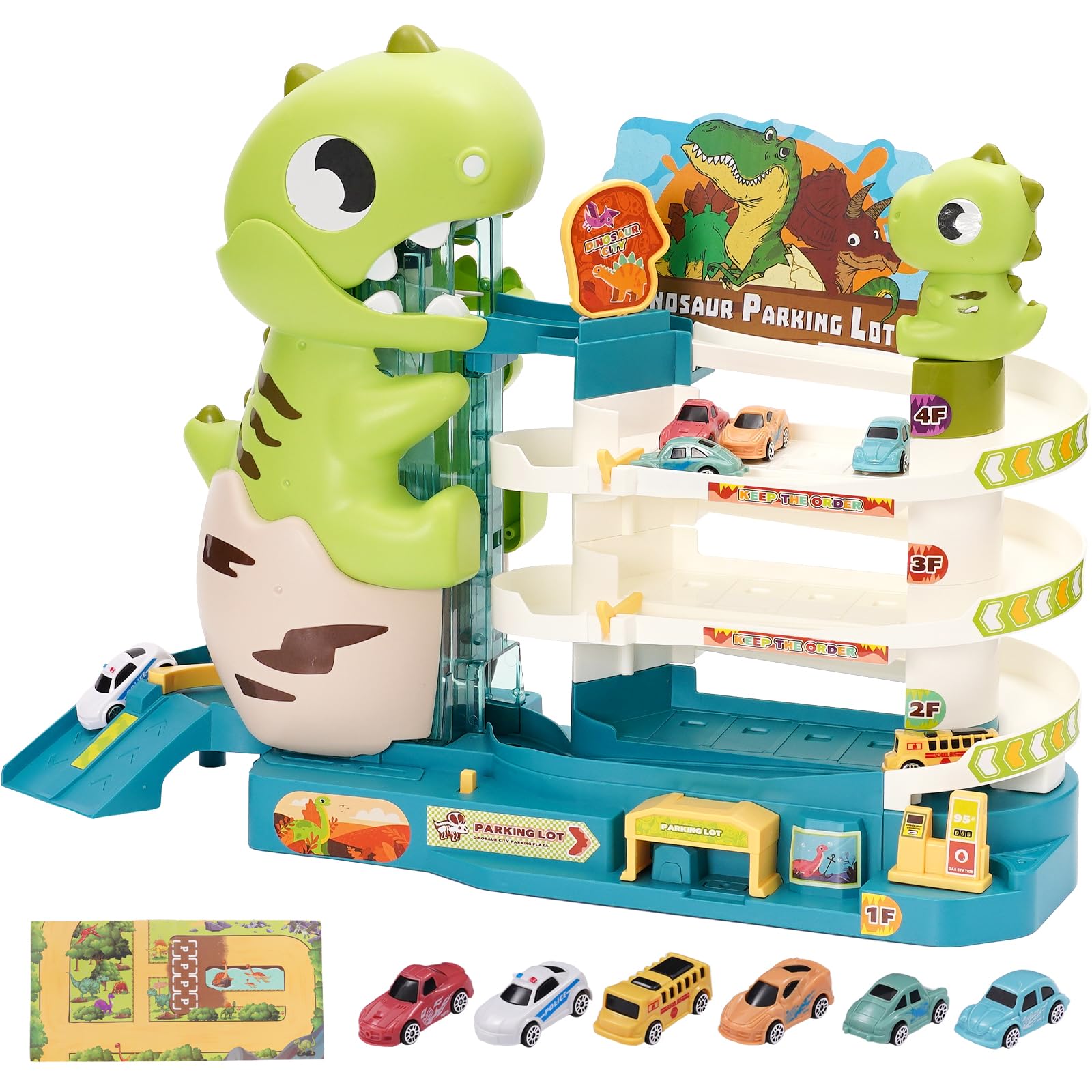 Dinosaurier Auto Garagen Spielset für Kinder 2 IN 1 Rennbahn Spielzeug und Auto Parkhaus für Kinder mit Licht und 6 Autos Geschenke Spielzeug für 2 3 4 5 Jahre