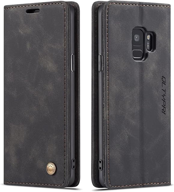 QLTYPRI Case for Samsung Galaxy S9 Plus, Vintage PU Leather Wallet Case Card Slot Kickstand Magnetic Closure Shockproof Flip Folio Case Cover for Samsung Galaxy S9 Plus - Black